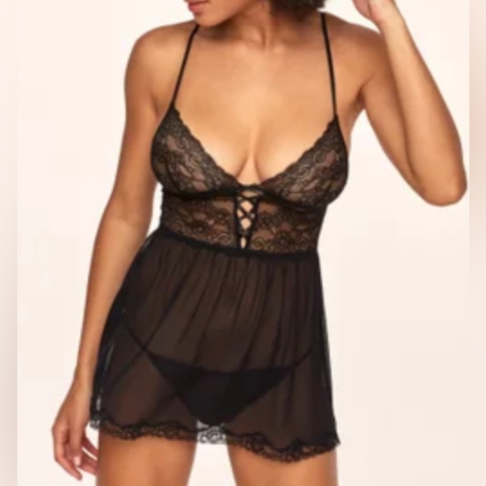NWT Adore Me Black Yolandi Sheer/Lace Babydoll Size M Sexy Corset Lacing 💋